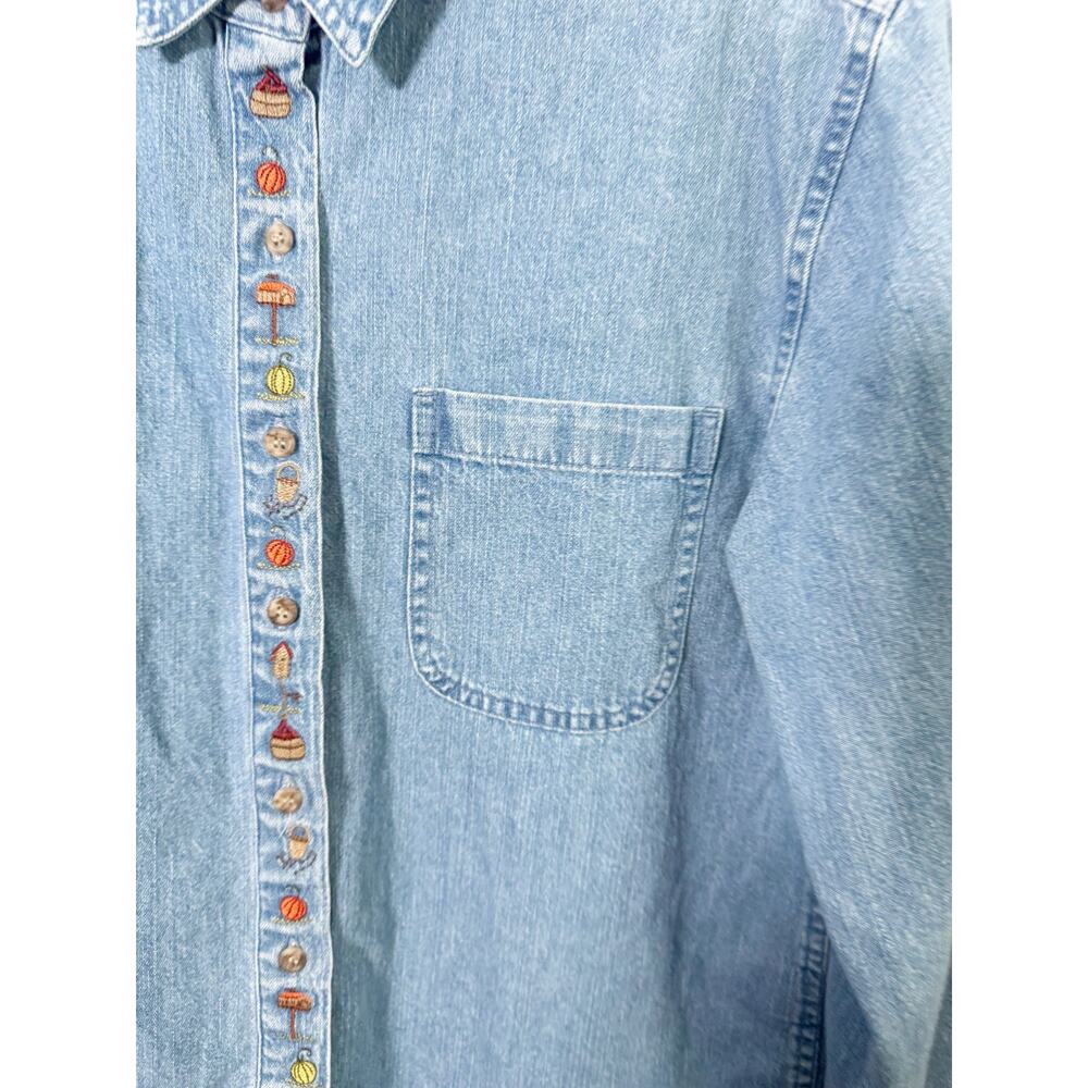 Vintage Collared Denim Button Down Shirt Embroidered Fall Motif Pumpkins Autumn - Picture 9 of 16